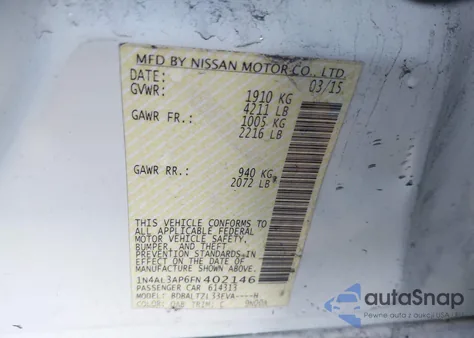 2015 Nissan Altima 2.5 Sl z USA, uszkodzony, nr VIN 1N4AL3AP6FN402146